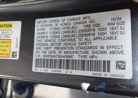 2025 Honda Cr-V Ex-L Awd from USA, damaged, VIN 2HKRS4H73SH439967